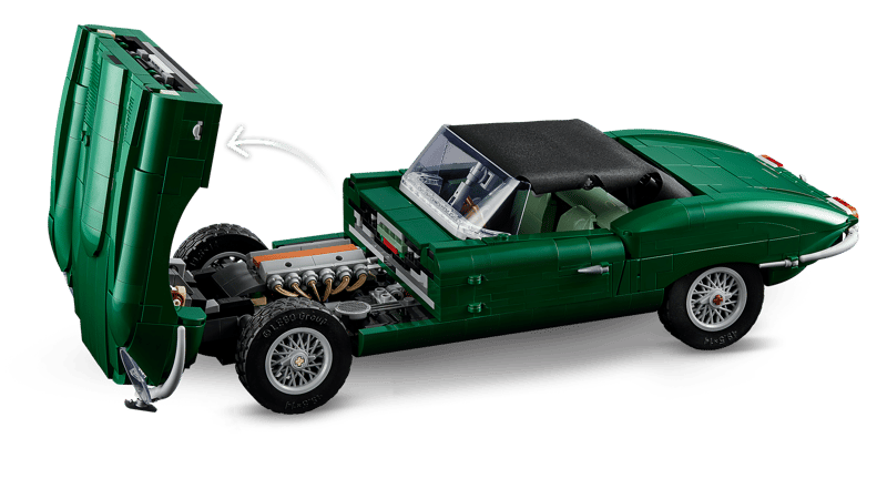 LEGO Jaguar E-Type 11381 con puertas, capó y maletero abiertos