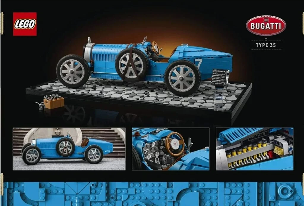 Parte trasera de la caja del LEGO Bugatti Type 35 4000048 con imágenes de sus detalles
