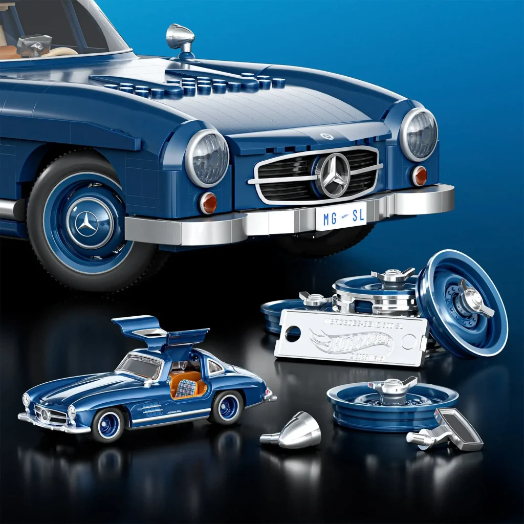 Detalles metálicos y coche Hot Wheels del Mattel Brick Shop Mercedes-Benz 300 SL